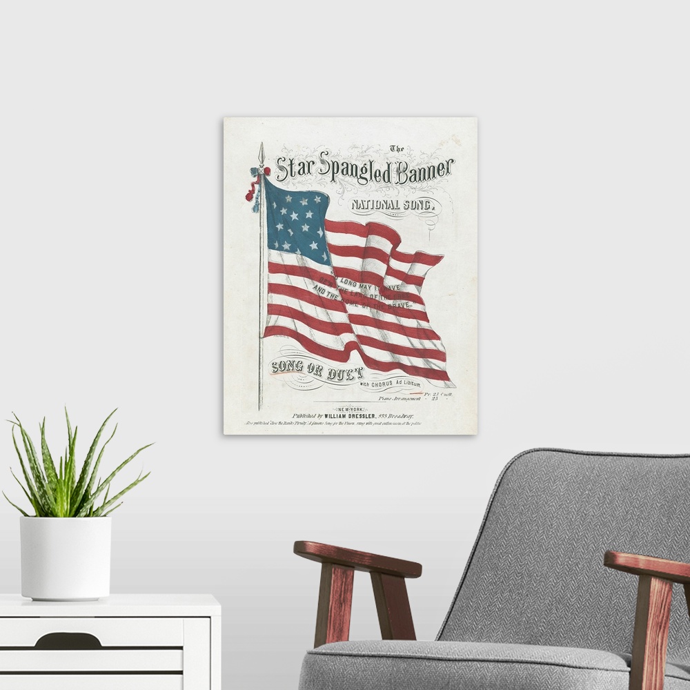 A modern room featuring Cover of a musical score of the US national anthem by Stackpole. Published by William Dressler in...