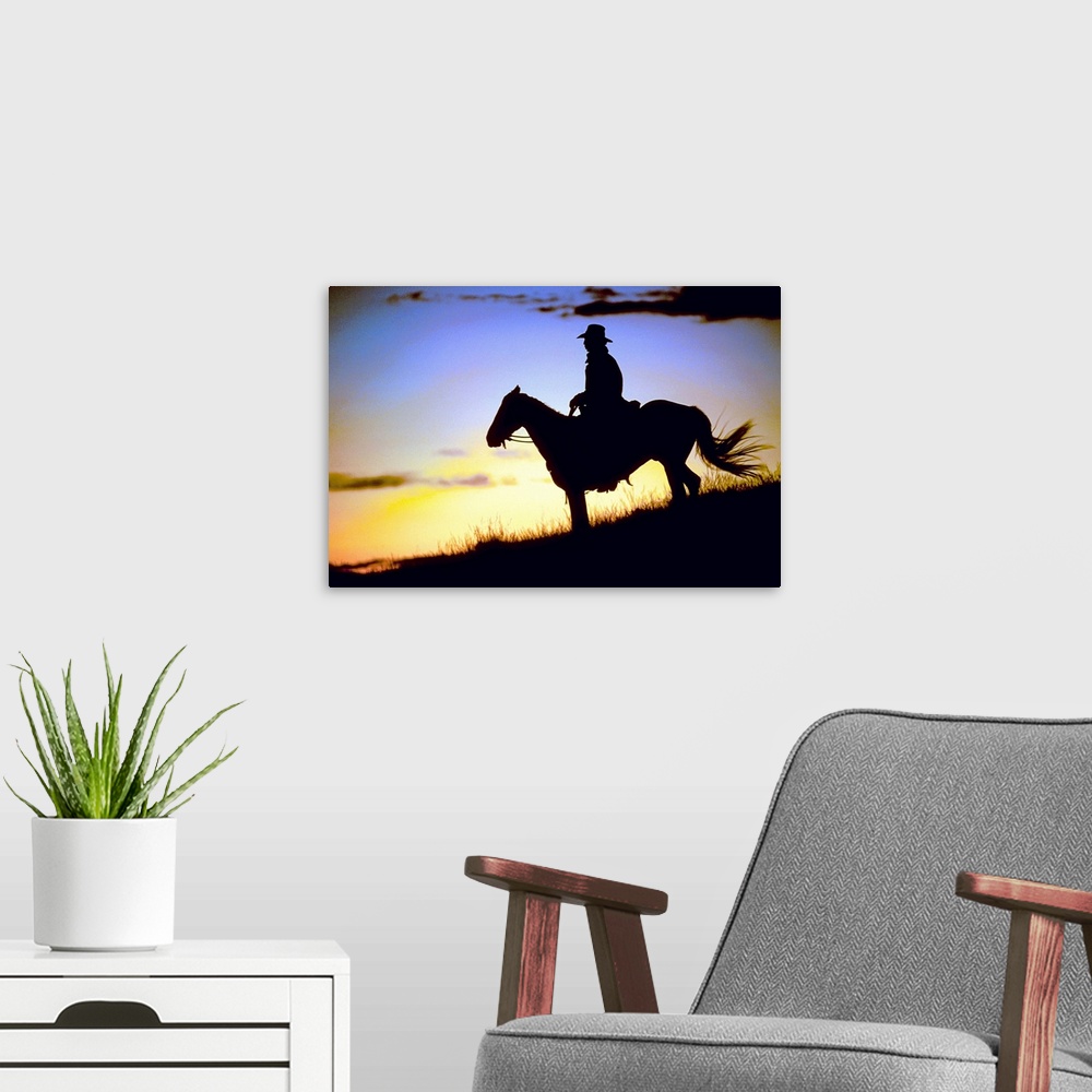 A modern room featuring A lone figure and his steed on a hillside was the light fades around them in this landscape photo...