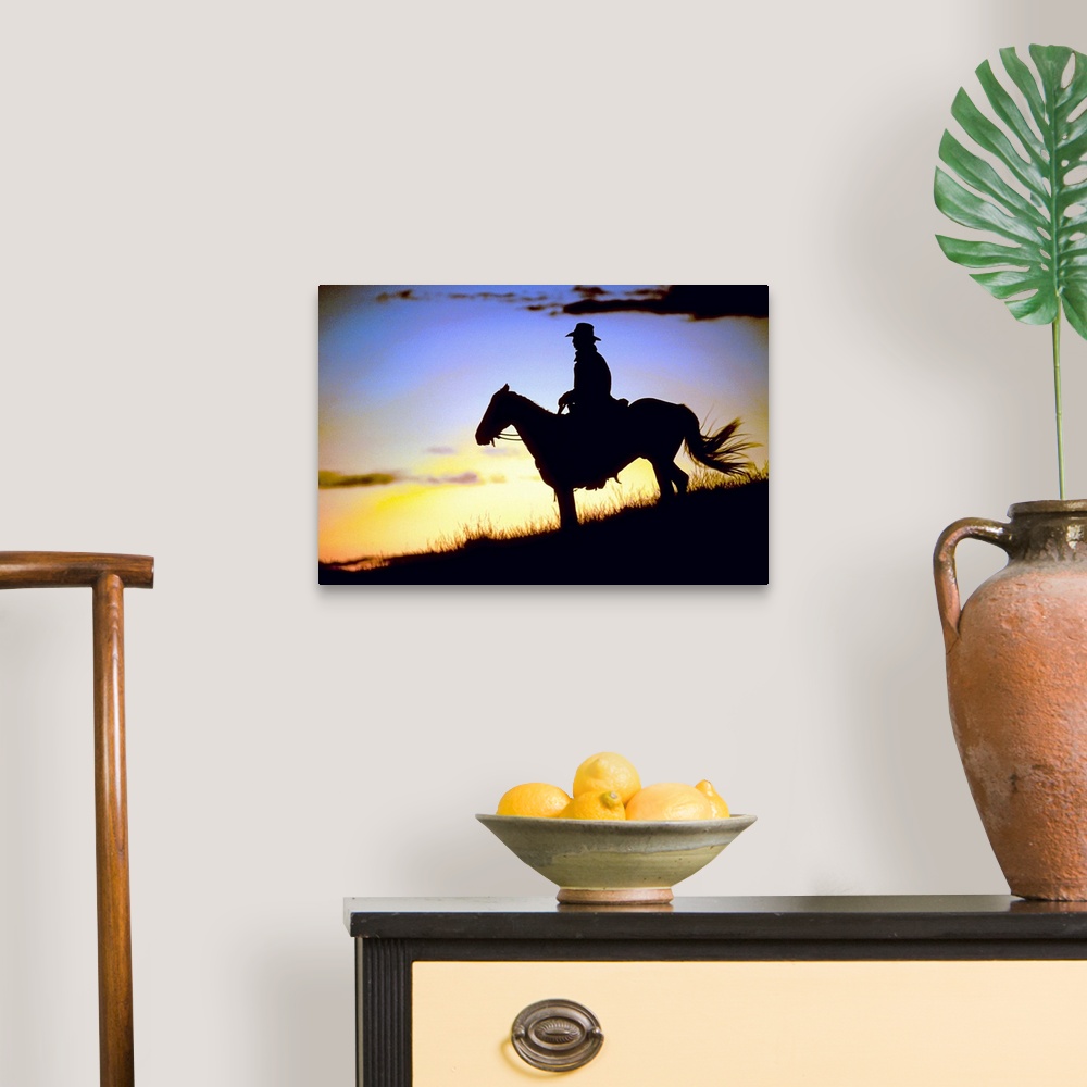 A traditional room featuring A lone figure and his steed on a hillside was the light fades around them in this landscape photo...