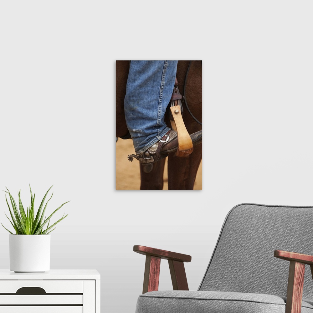 A modern room featuring Cowboy boot in horse stirrup with spurs