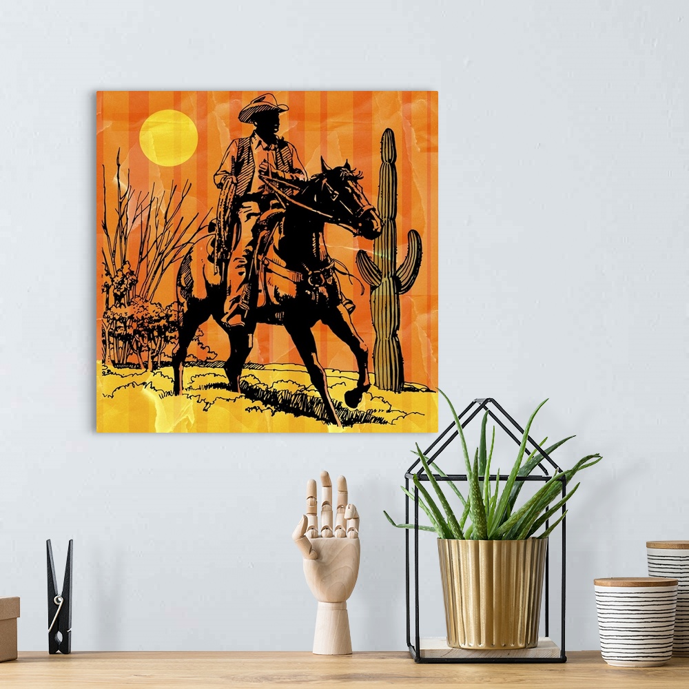 A bohemian room featuring Cowboy riding horseback in desert
