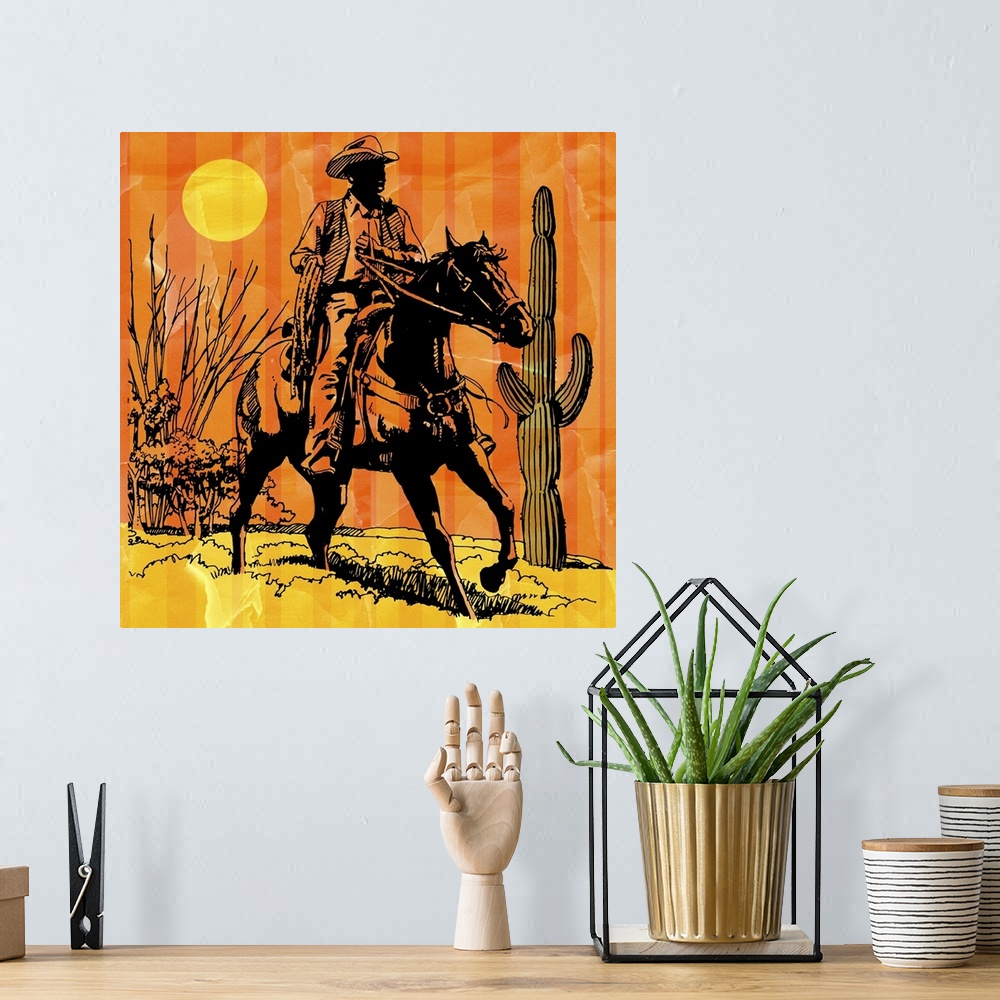 A bohemian room featuring Cowboy riding horseback in desert