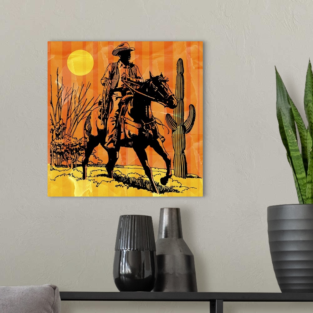 A modern room featuring Cowboy riding horseback in desert