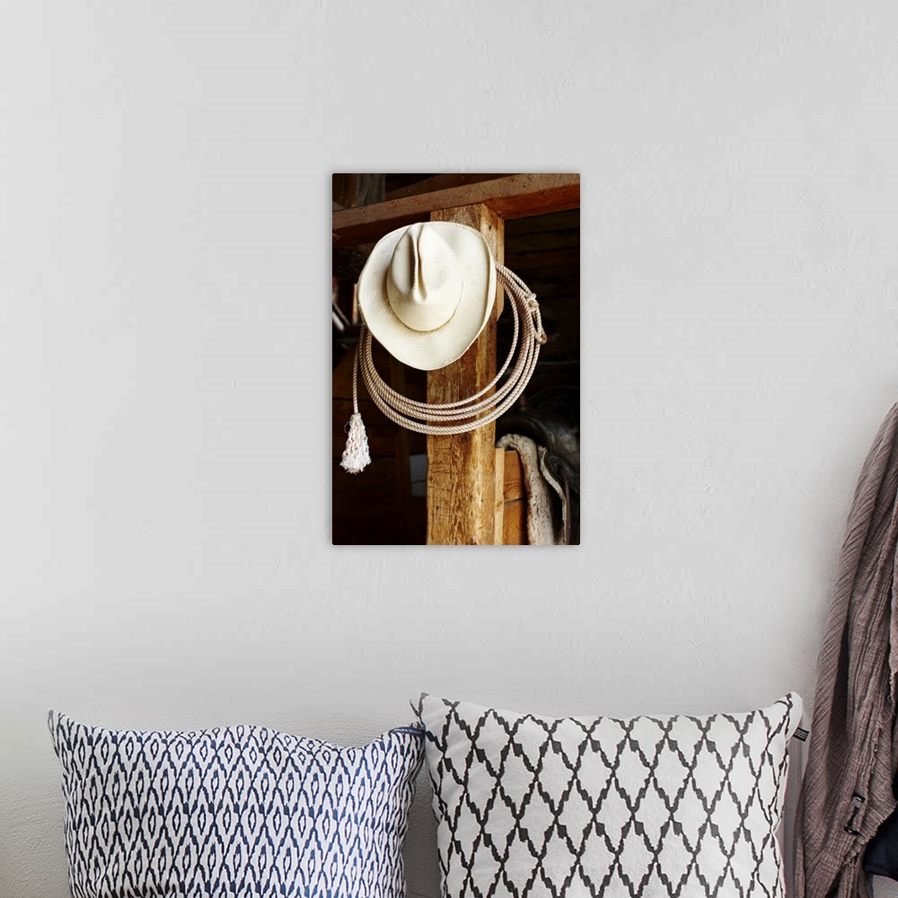 A bohemian room featuring Cowboy hat hanging in barn with rope.