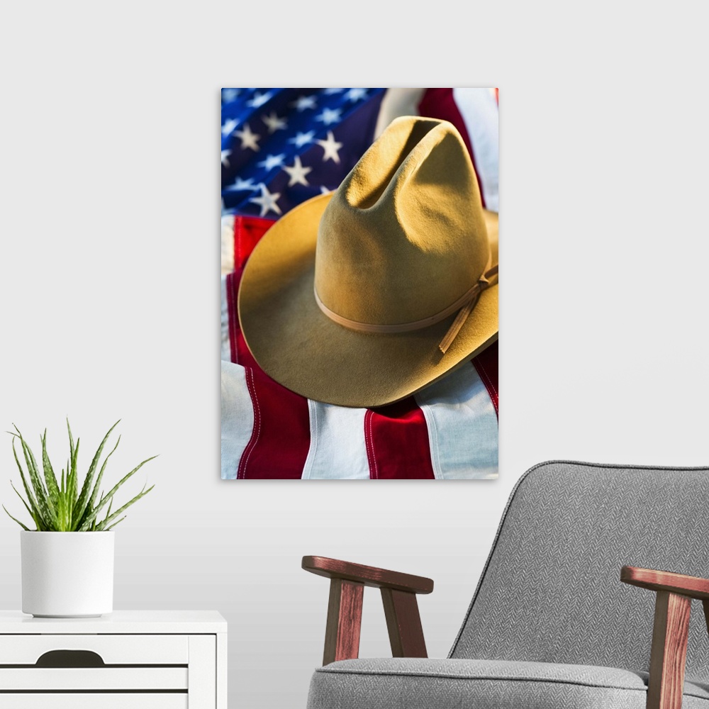 A modern room featuring Cowboy hat on American flag