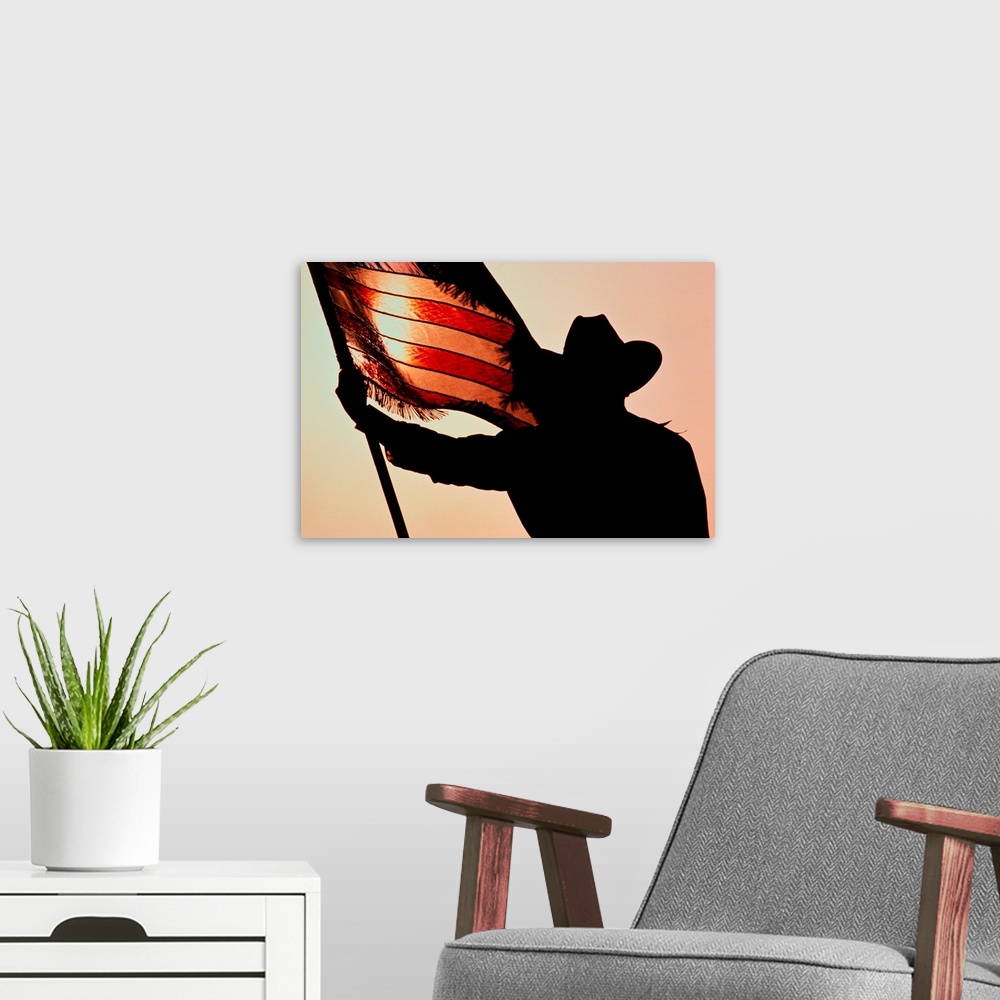 A modern room featuring Cowboy Holding Stars And Stripes, Silhouette, Texas, USA