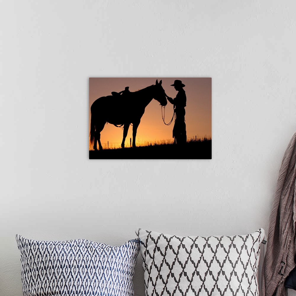 A bohemian room featuring Cowboy Petting Horse At Sunset
