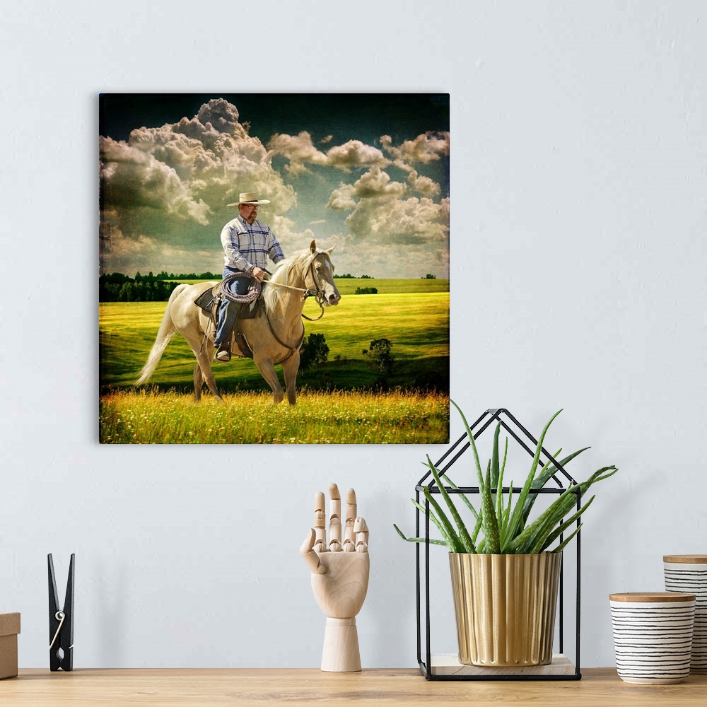 A bohemian room featuring Textured image of Cowboy training a Tennessee Walking horse out in a meadow under a big blue sky.