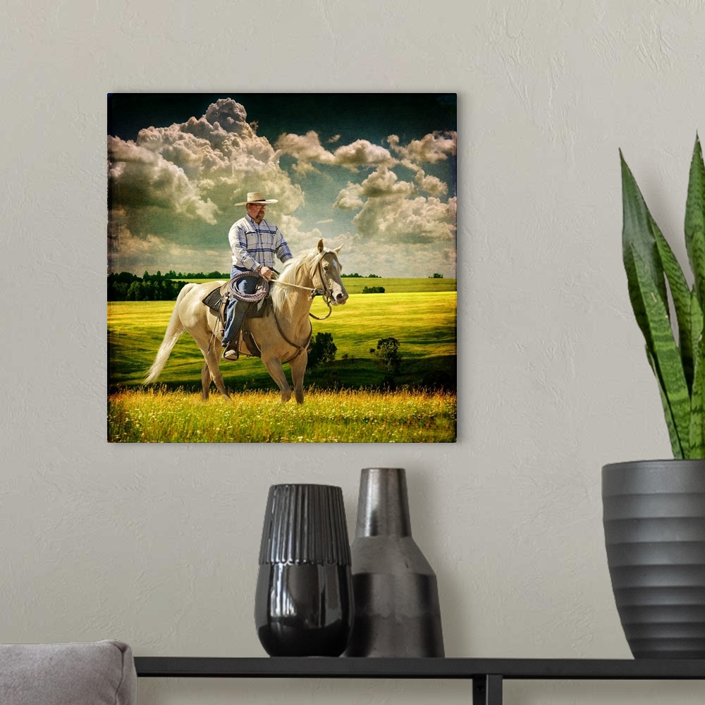 A modern room featuring Textured image of Cowboy training a Tennessee Walking horse out in a meadow under a big blue sky.