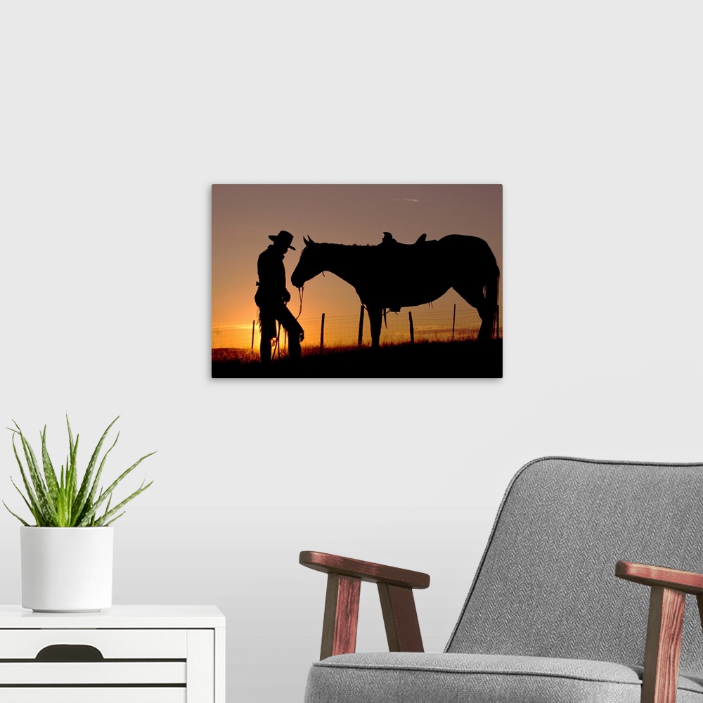 A modern room featuring Cowboy Standing With His Horse