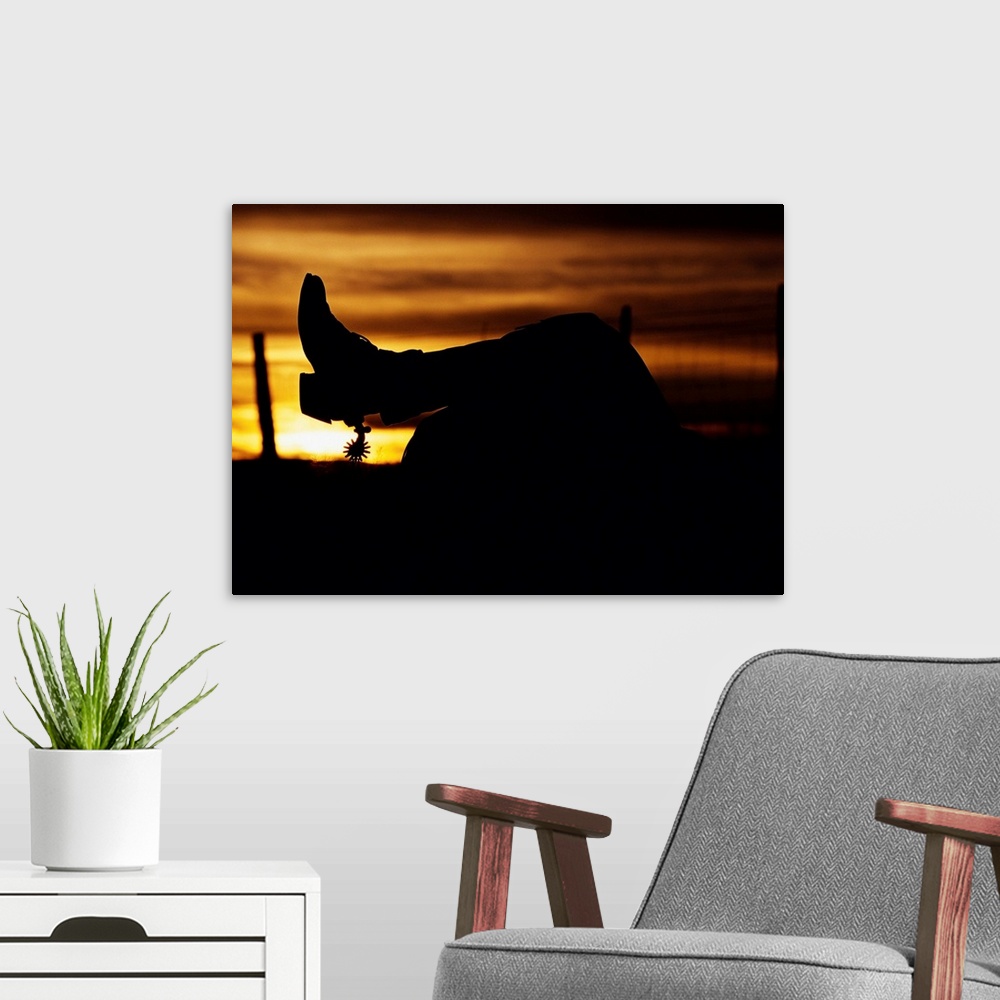 A modern room featuring Cowboy's Boot And Spur Silhouetted At Sunrise