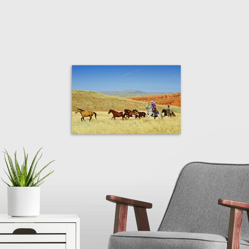 A modern room featuring Cowboys Herding Horses