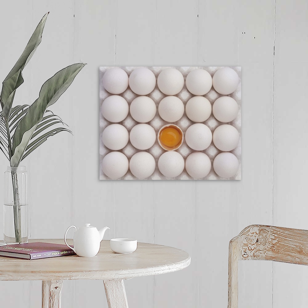 A farmhouse room featuring Cracked egg surrounded by whole eggs