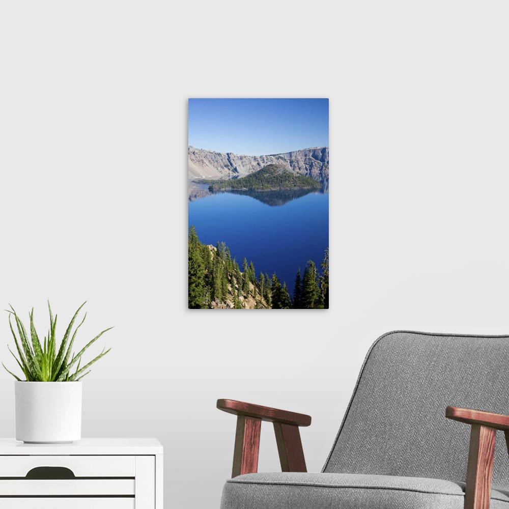 A modern room featuring Crater Lake and Wizard Island , Crater Lake National Park, Oregon, USA