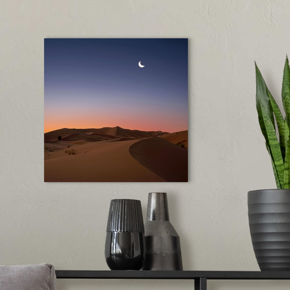 A modern room featuring Crescent moon over dunes in Sahara Desert at dawn, Morocco.