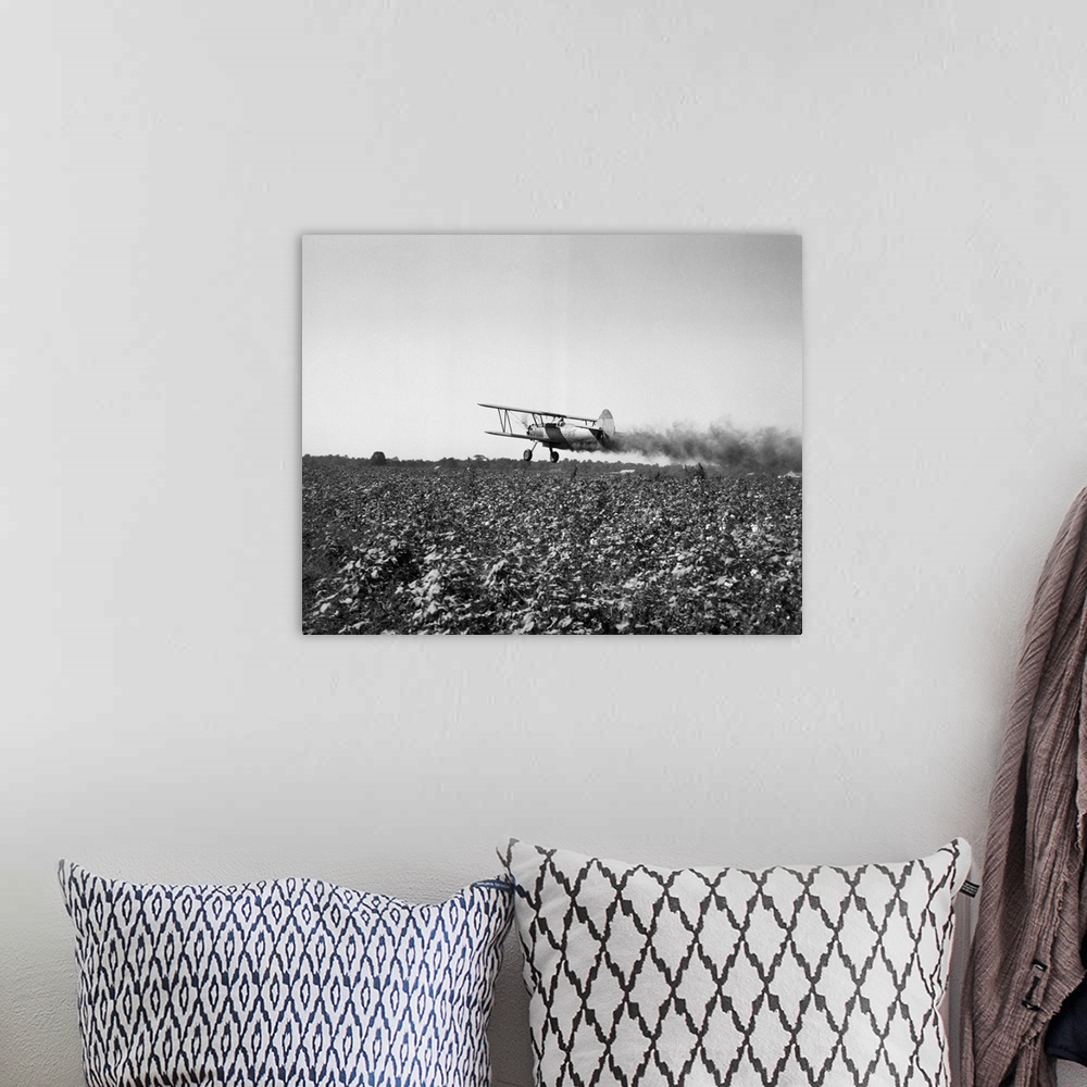 A bohemian room featuring Crop-dusting plane flies low over field. Undated photograph. BPA2