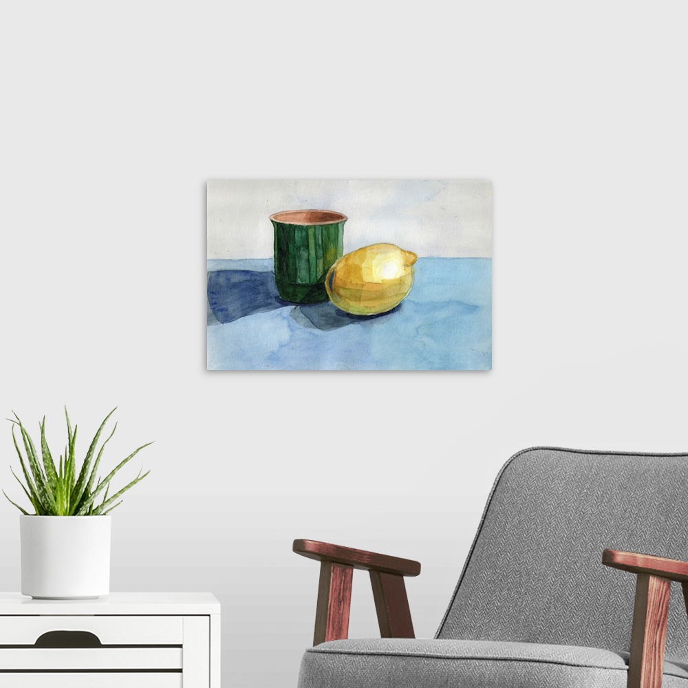 A modern room featuring Watercolor cubism still life with glazed green ceramic jug and lemon fruit and blue tablecloth on...