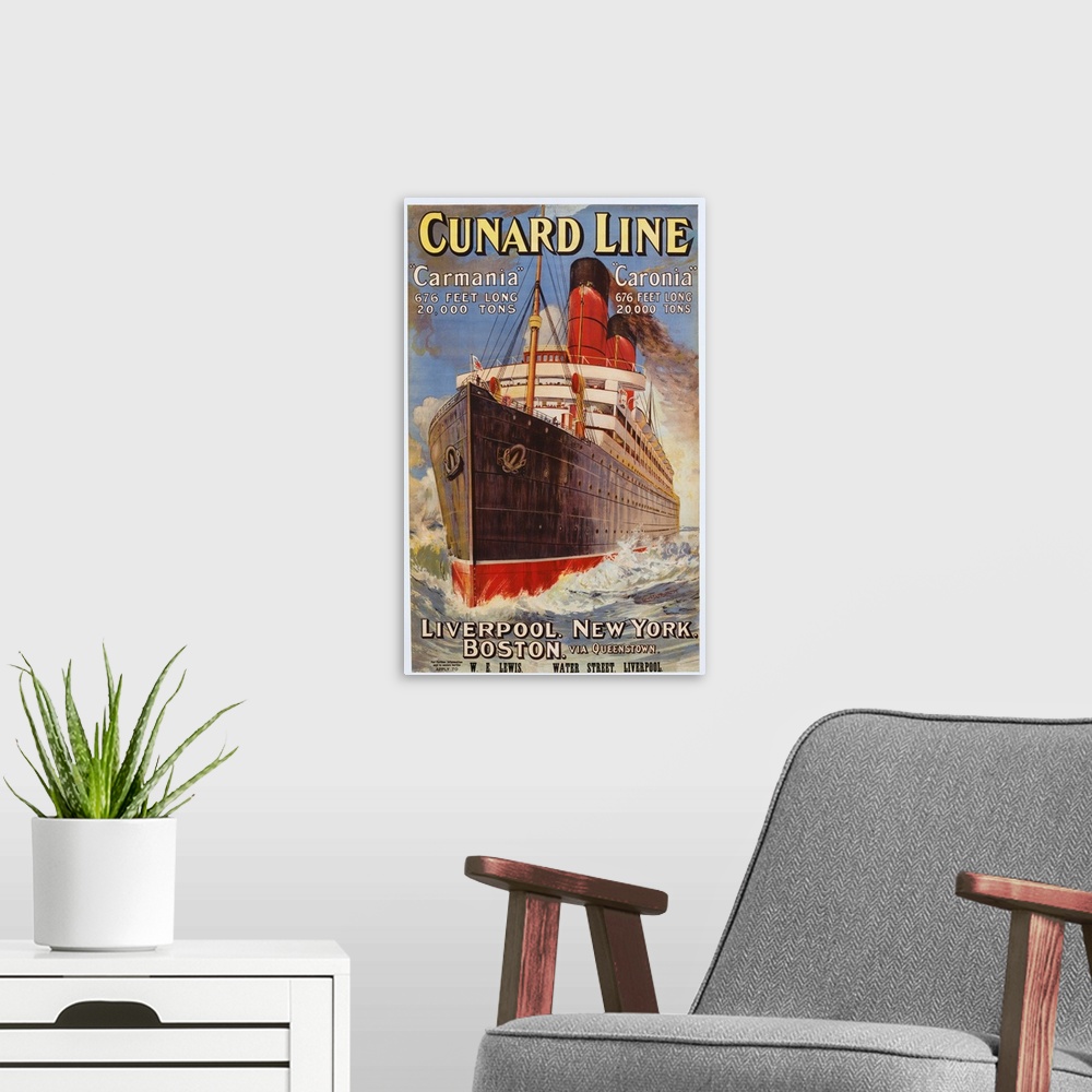 A modern room featuring Poster from 1905, advertising the Carmania and Caronia ocean liners. Service to Liverpool, Boston...