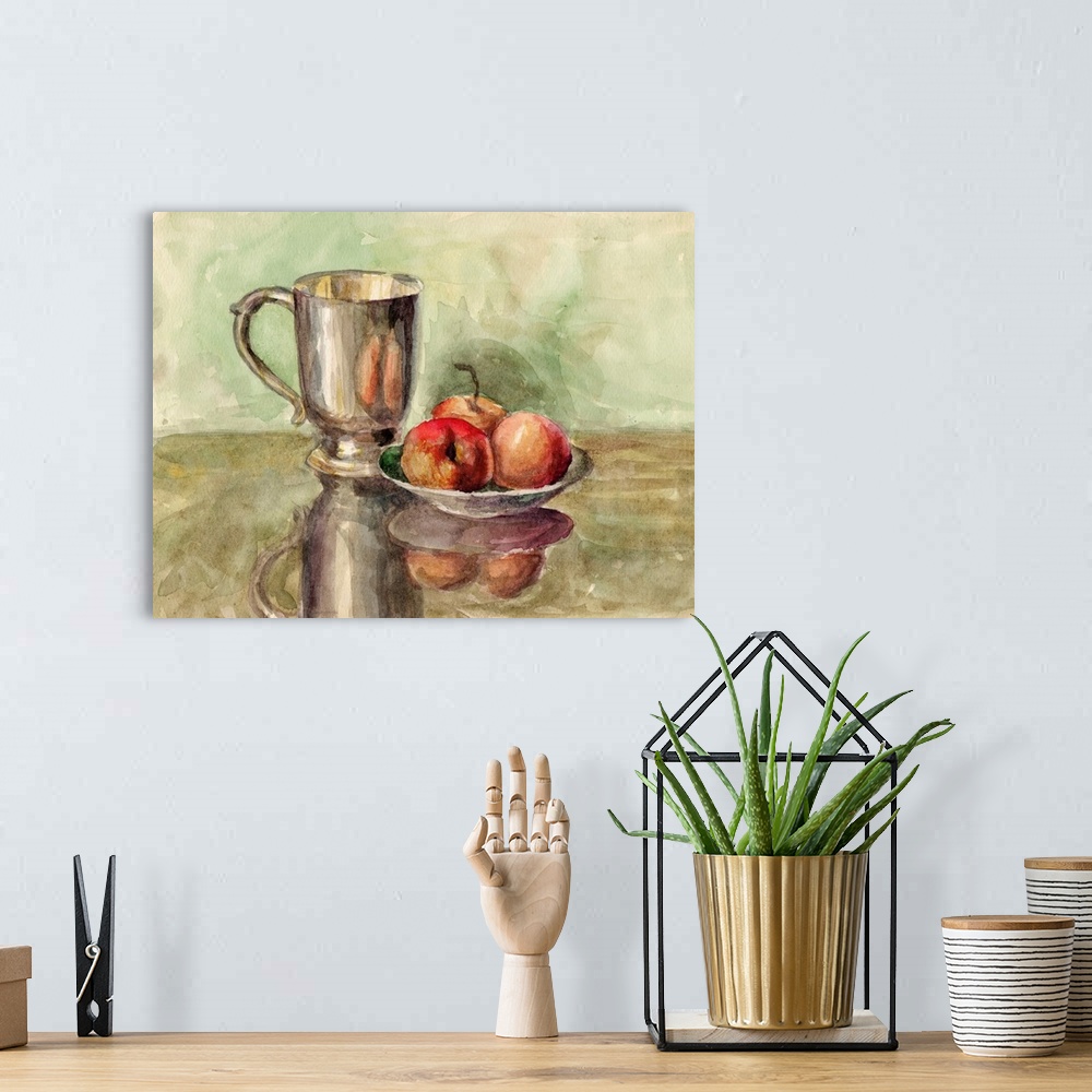 A bohemian room featuring Watercolor vintage still life painting with cupronickel and silver goblet bowl and vase with red ...