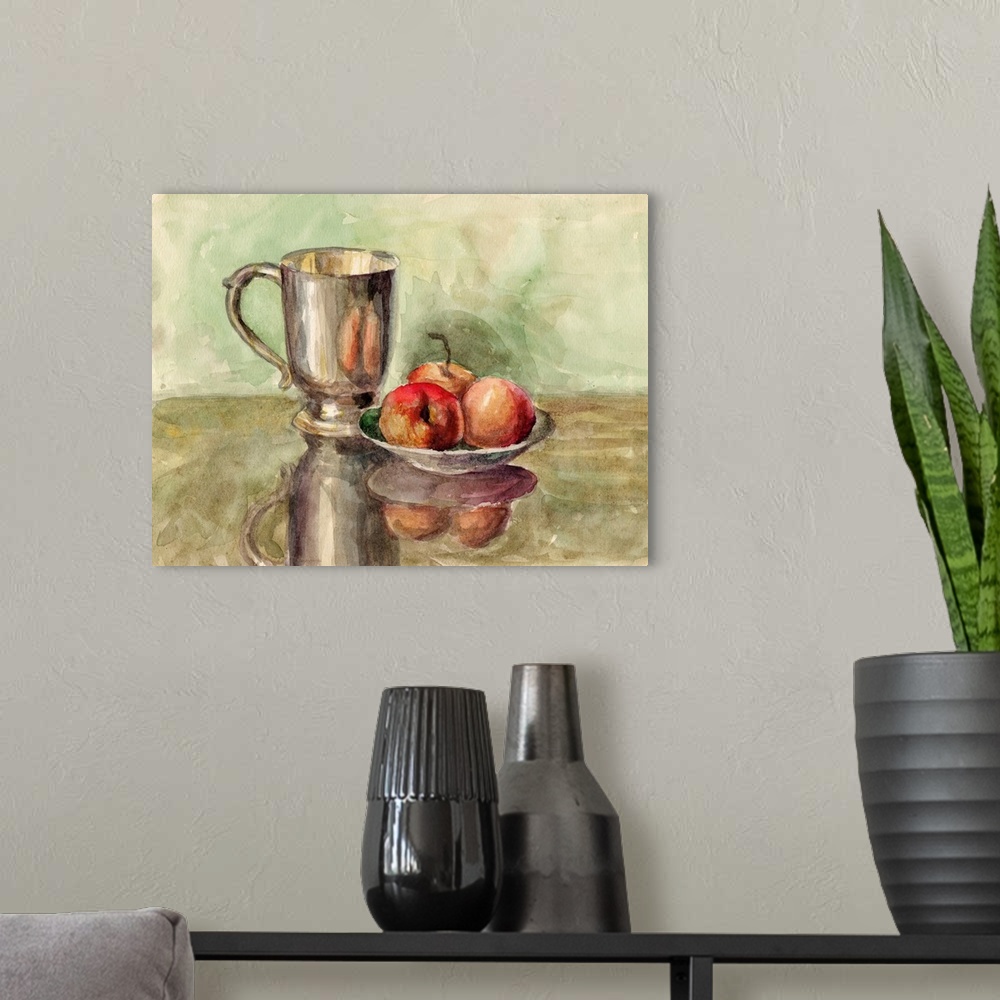 A modern room featuring Watercolor vintage still life painting with cupronickel and silver goblet bowl and vase with red ...