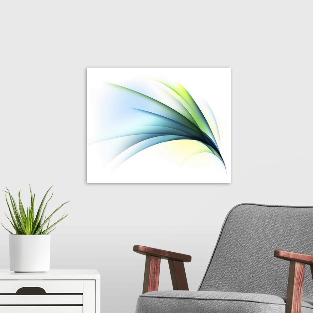 A modern room featuring Abstract art of curled lines of color against a stark background.