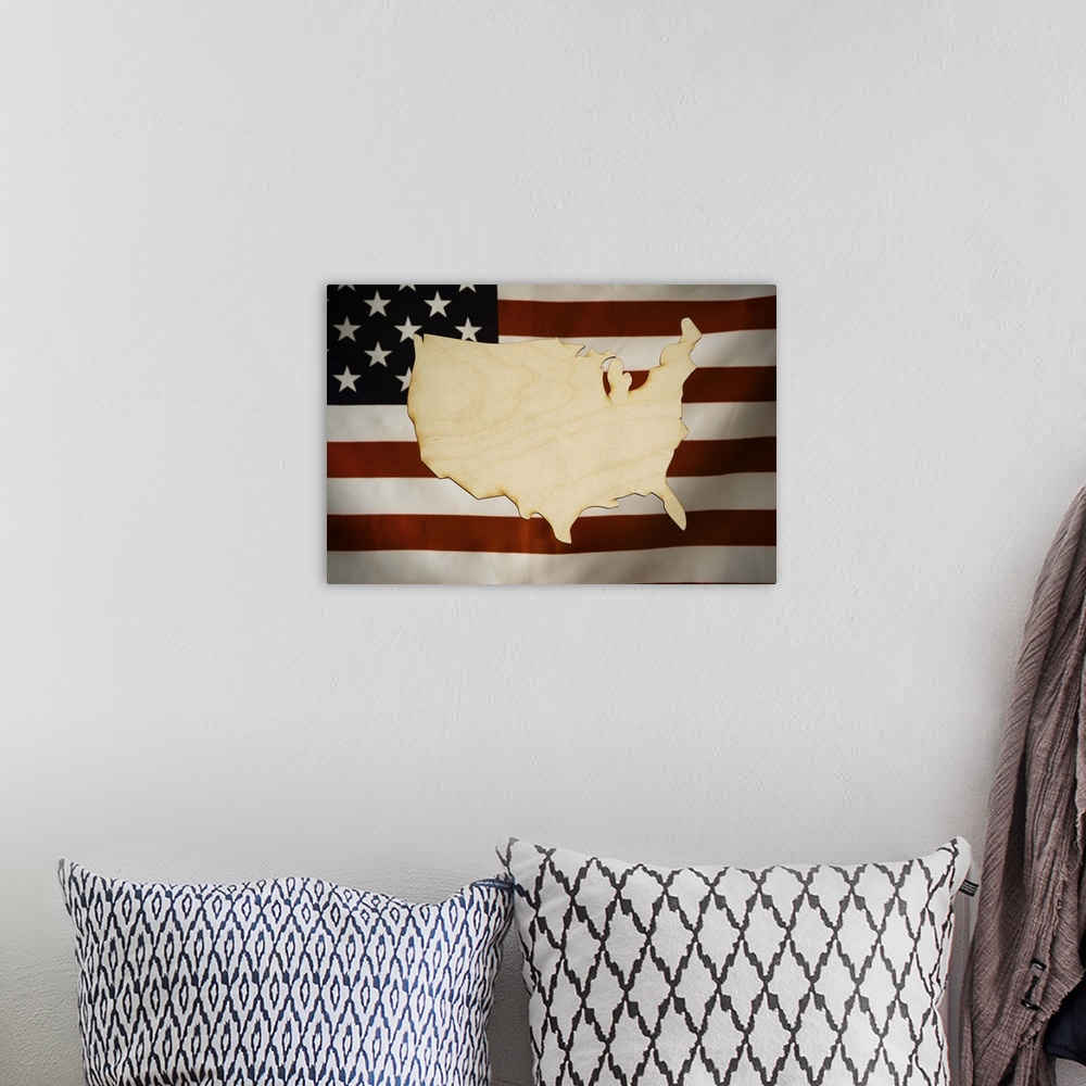 A bohemian room featuring Cut-Out Map of America made of wood