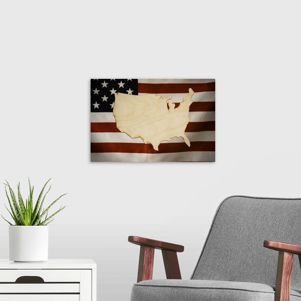 A modern room featuring Cut-Out Map of America made of wood