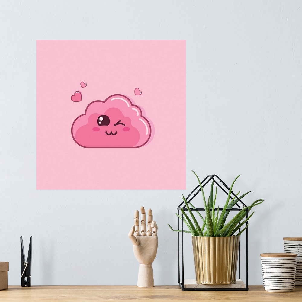 A bohemian room featuring Cute cartoon pink cloud and hearts on pink background. Originally a vector illustration.