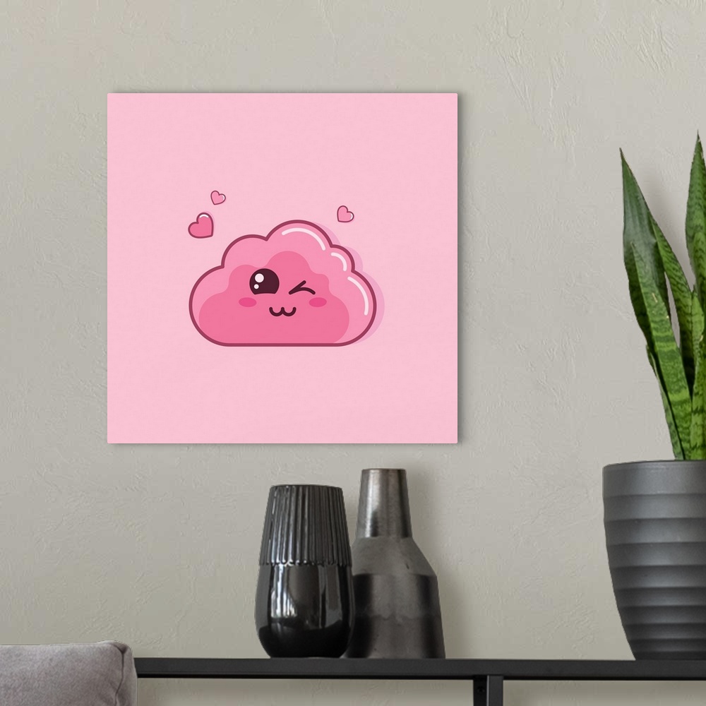 A modern room featuring Cute cartoon pink cloud and hearts on pink background. Originally a vector illustration.