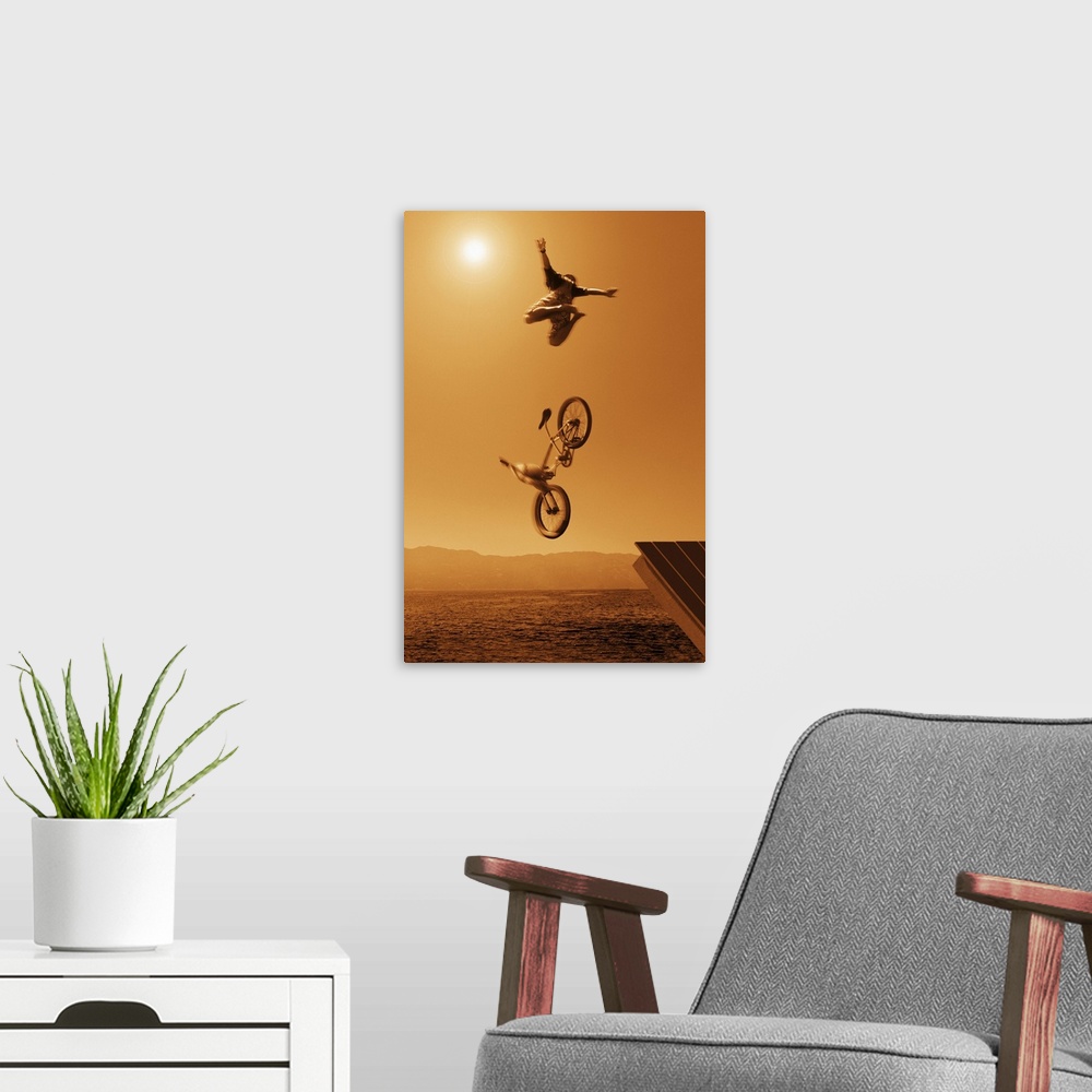A modern room featuring Cyclist going off jump into water in brown tones