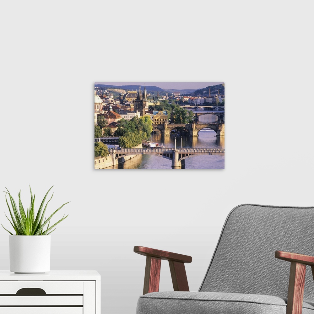 A modern room featuring Czech Republic, Prague, Charles Bridge and Cityscape, elevated view