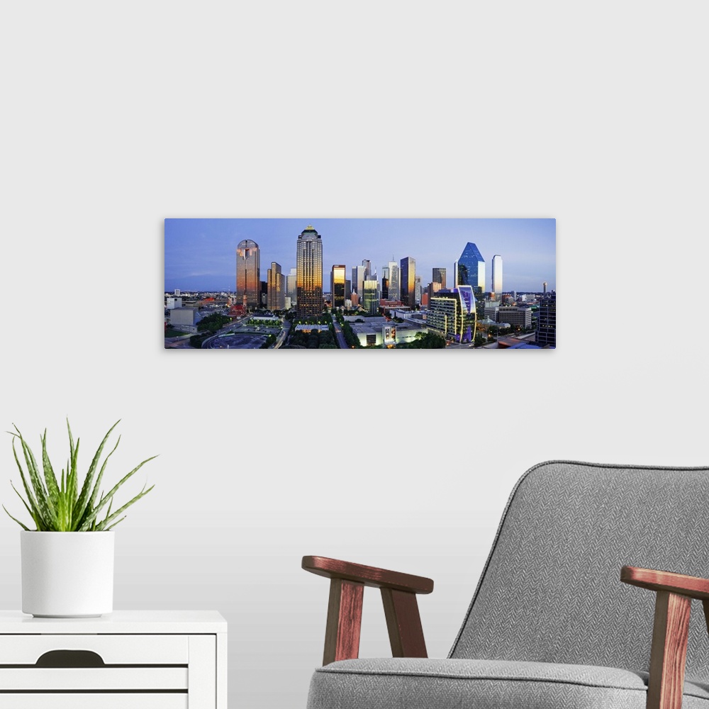A modern room featuring downtown dallas skyline