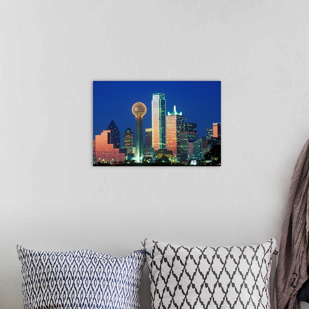 A bohemian room featuring 'Dallas, TX skyline at night with Reunion Tower'