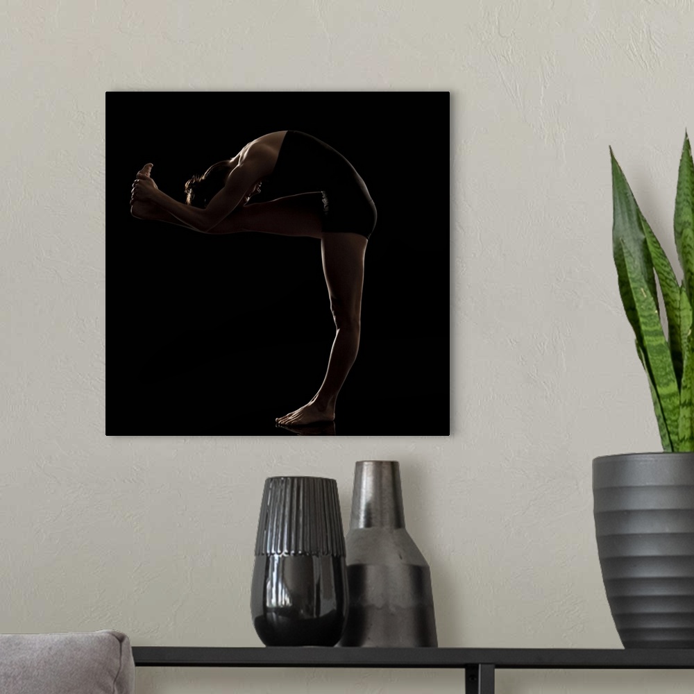 A modern room featuring Studio shot of young woman practicing yoga.  The standing head to knee pose, dandayamana janushir...