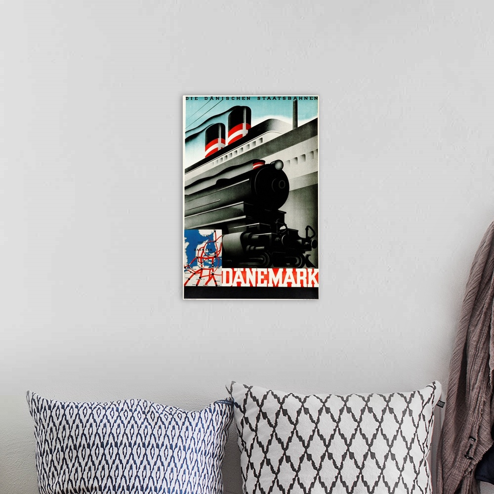 A bohemian room featuring Danemark Travel Poster