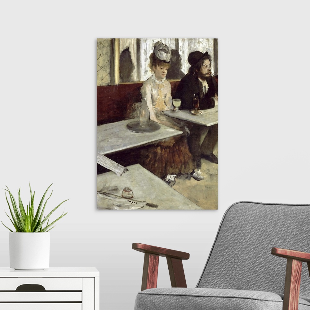 A modern room featuring Edgar Degas, Dans un cafe, dit aussi l'Absinthe (In a Cafe, also called Absinthe), oil on canvas,...