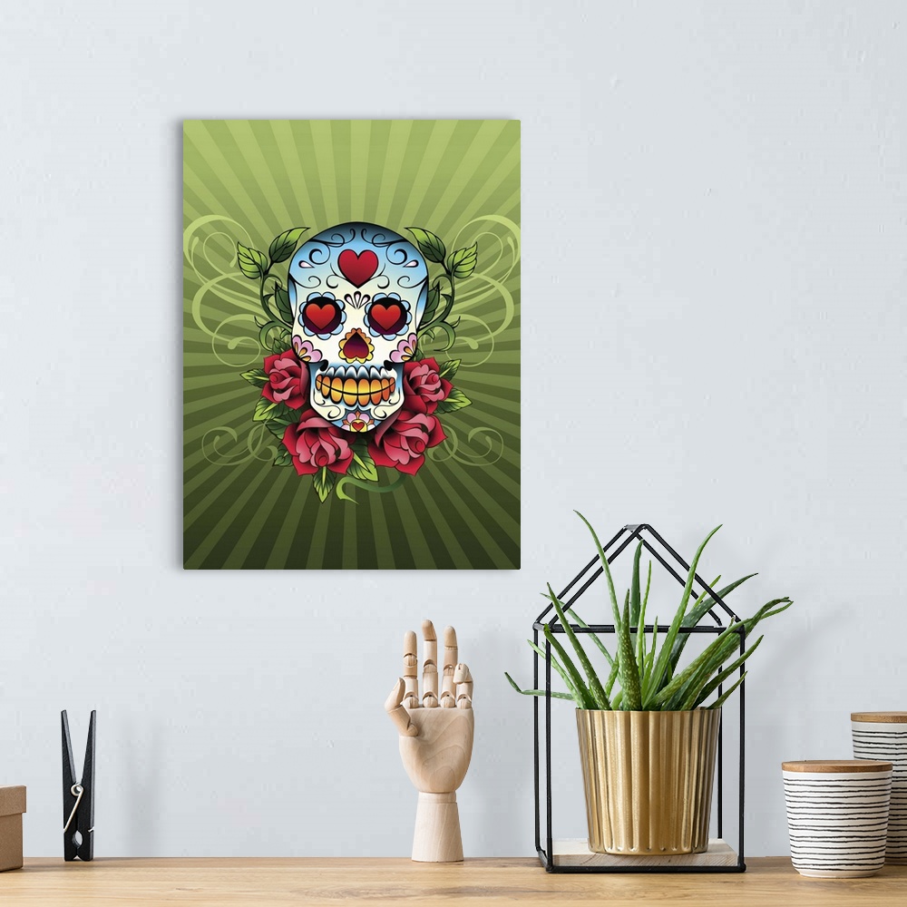 A bohemian room featuring Day of the Dead skull