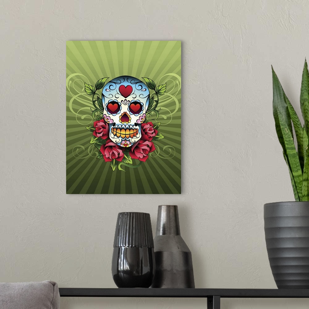 A modern room featuring Day of the Dead skull