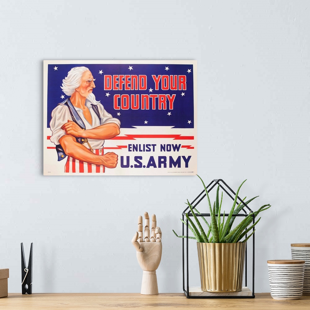 A bohemian room featuring 1940 World War Two US Army recruiting poster with muscle flexing Uncle Sam.