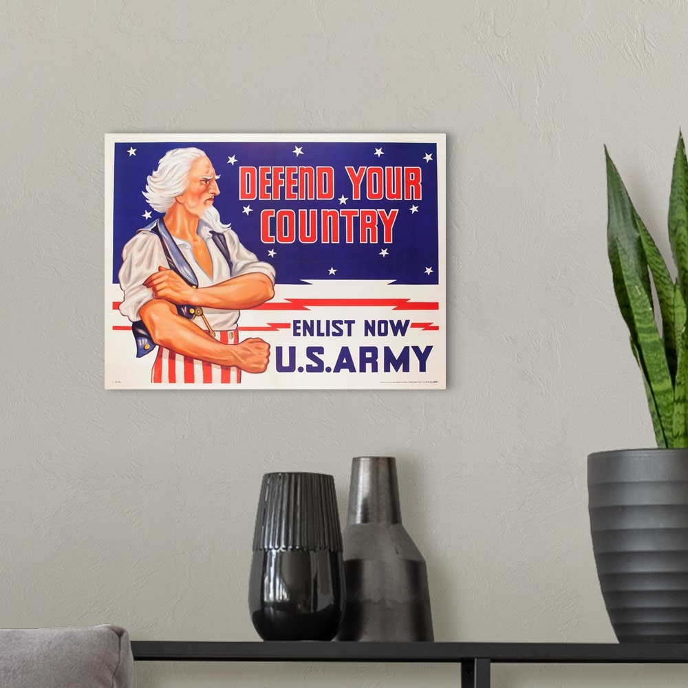 A modern room featuring 1940 World War Two US Army recruiting poster with muscle flexing Uncle Sam.