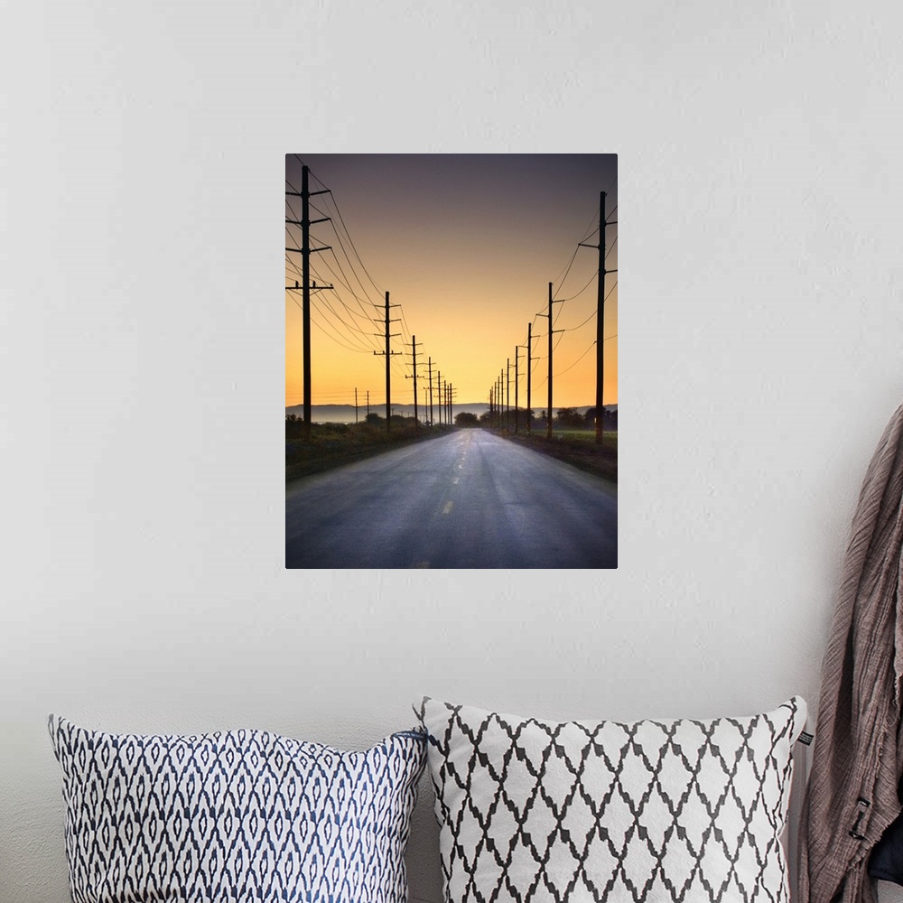 A bohemian room featuring Desert road and power lines at sunset in California desert.