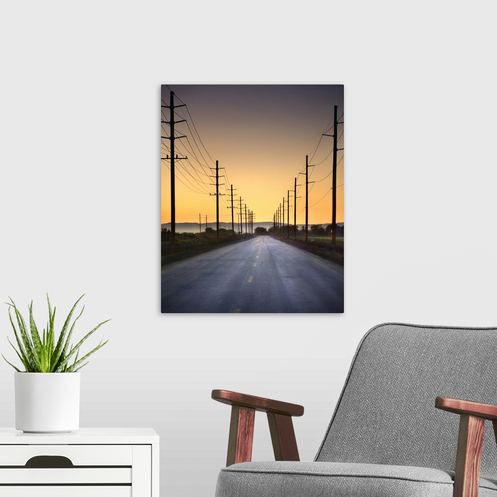 A modern room featuring Desert road and power lines at sunset in California desert.