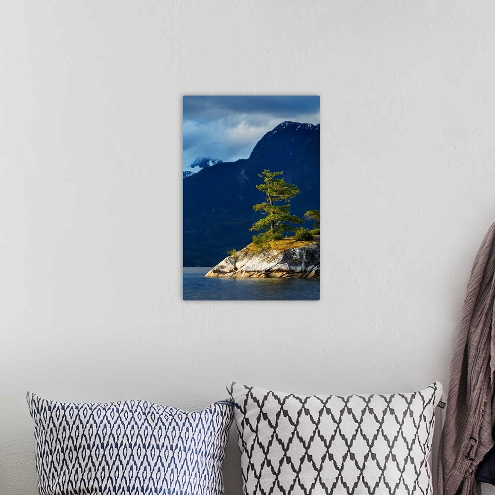 A bohemian room featuring Canada, British Columbia, Setting sun lights forest-covered island in Desolation Sound on summer ...