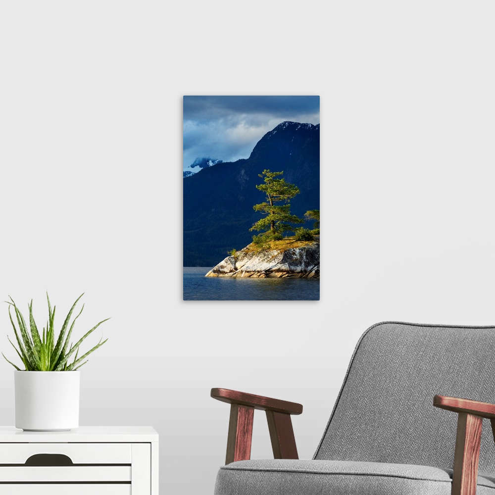 A modern room featuring Canada, British Columbia, Setting sun lights forest-covered island in Desolation Sound on summer ...