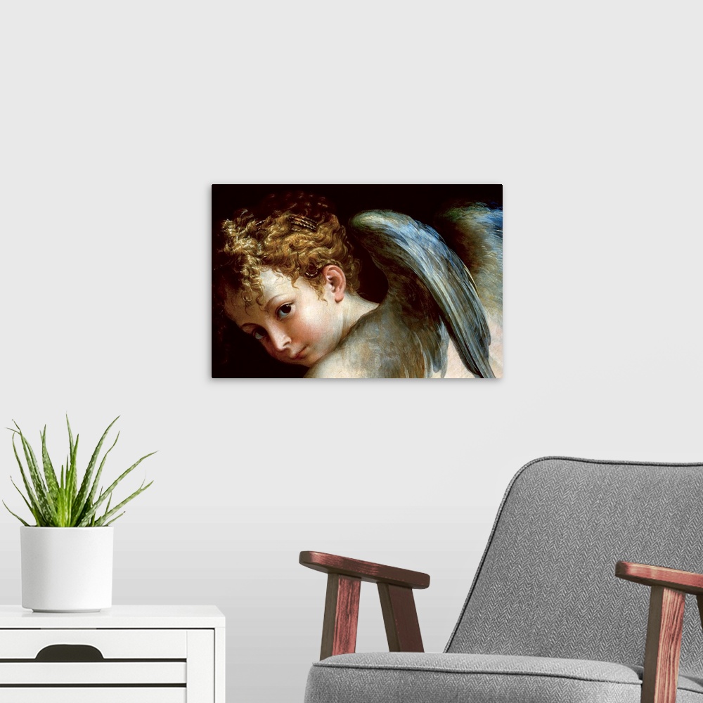 A modern room featuring Detail Of Cupid's Head From Cupid Shaping His Bow By Parmigianino