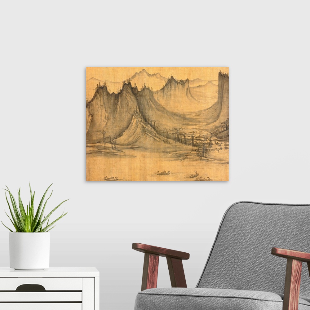 A modern room featuring Circa 1049. Chinese handscroll, ink and a little color on silk. 48.26 x 225.4cm (for the entire s...