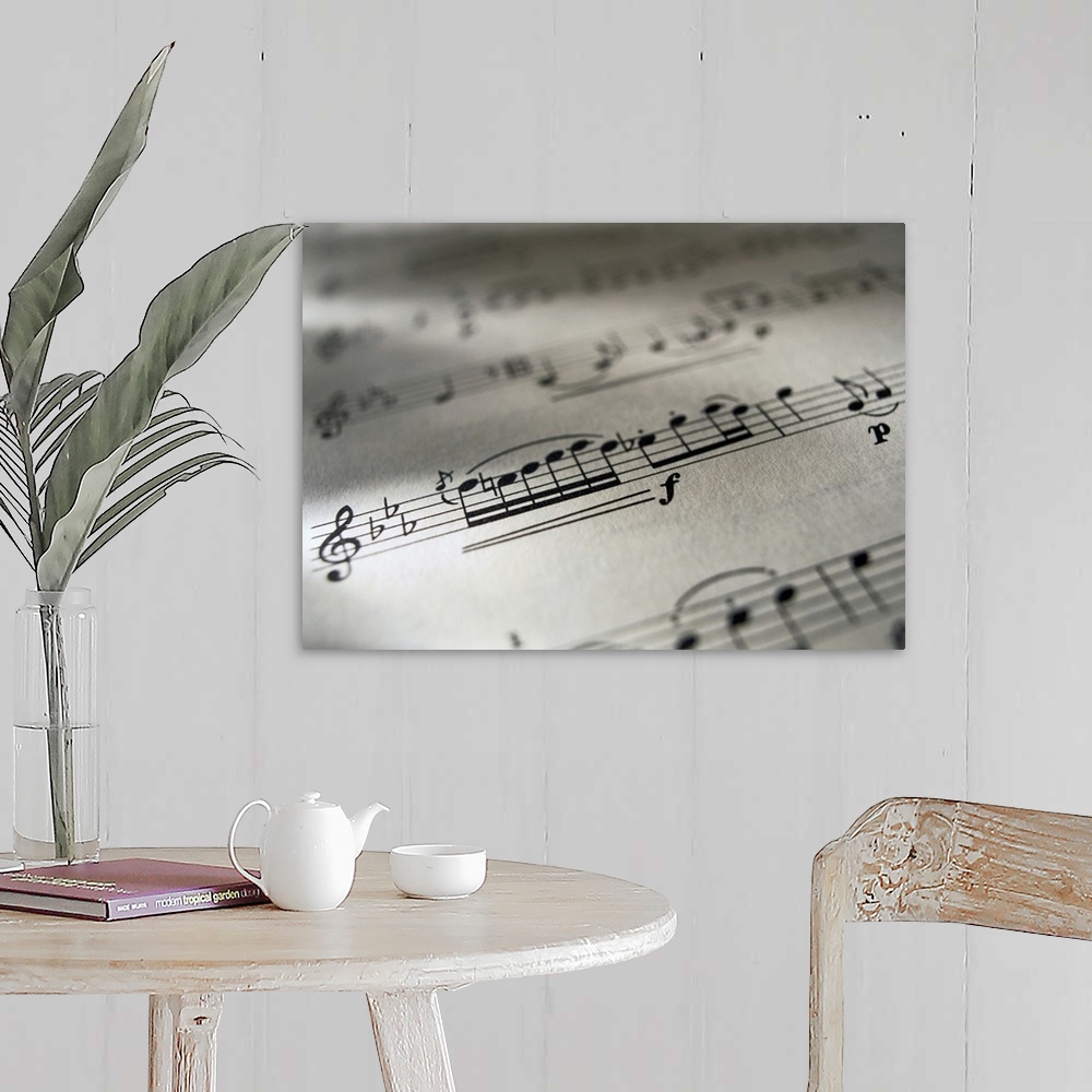 A farmhouse room featuring Large canvas photo of the up close view of a music sheet with musical notes.