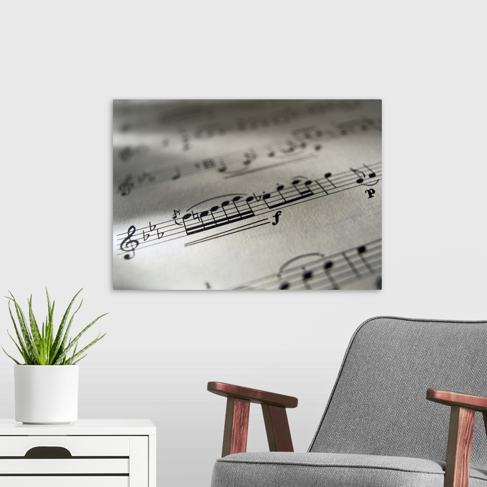 A modern room featuring Large canvas photo of the up close view of a music sheet with musical notes.