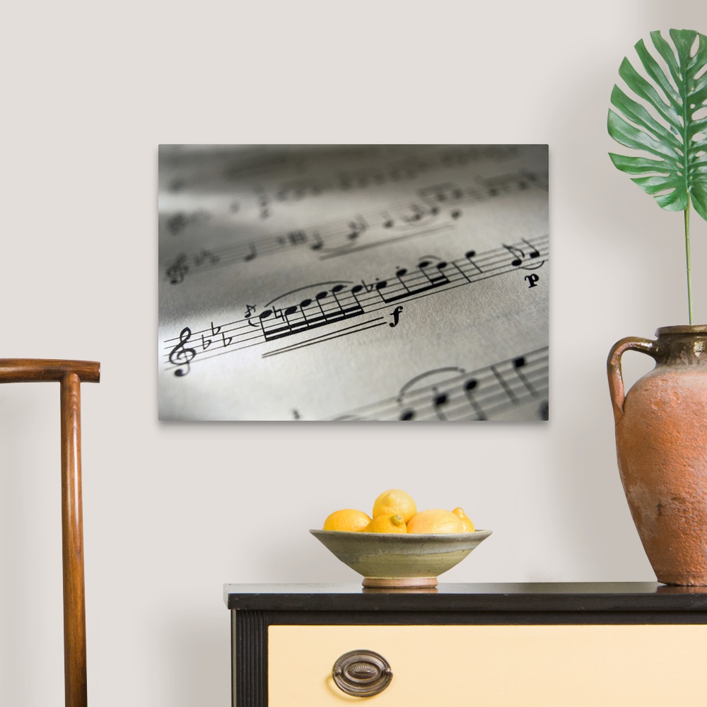 A traditional room featuring Large canvas photo of the up close view of a music sheet with musical notes.