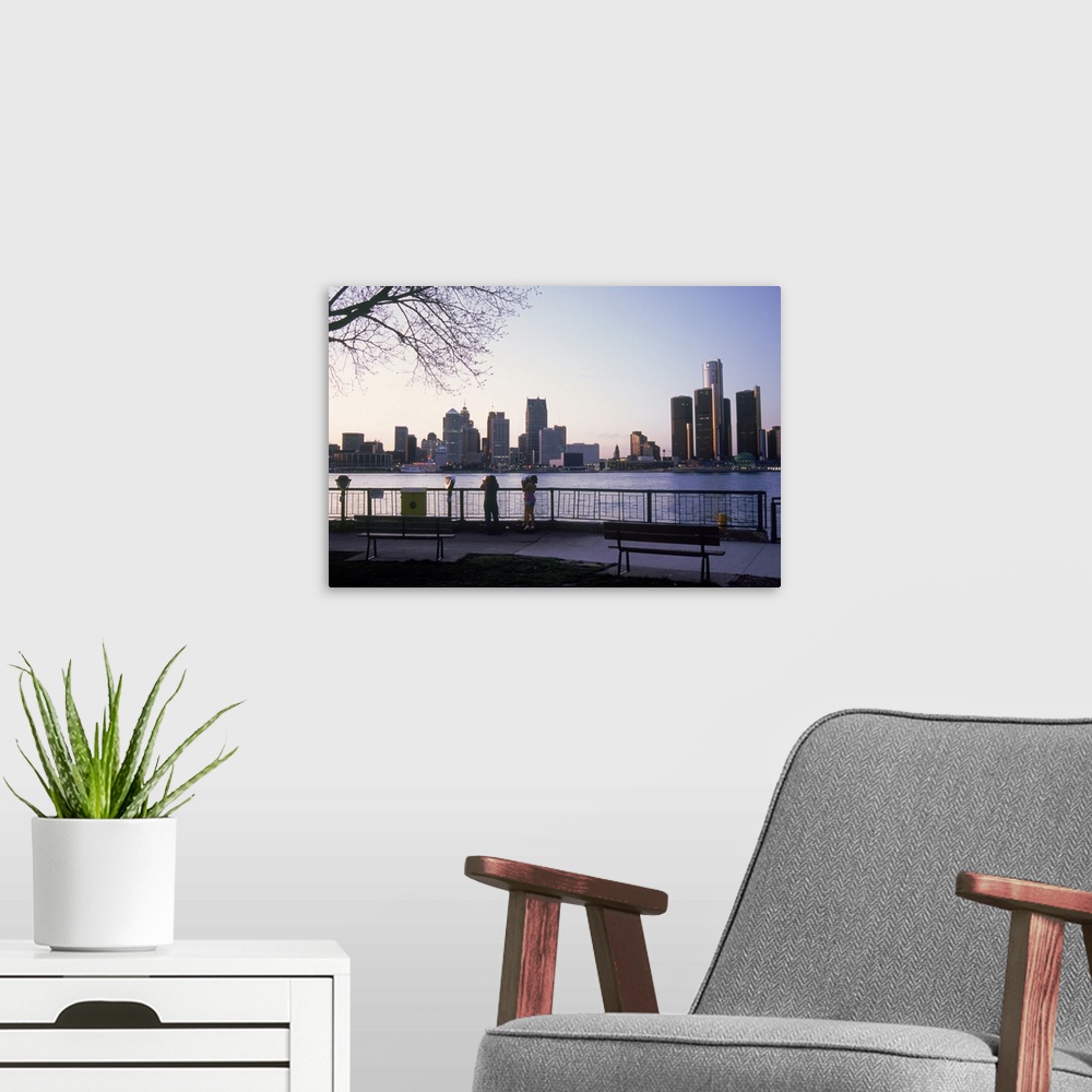 A modern room featuring Detroit River skyline from Windsor, Ontario, Canada